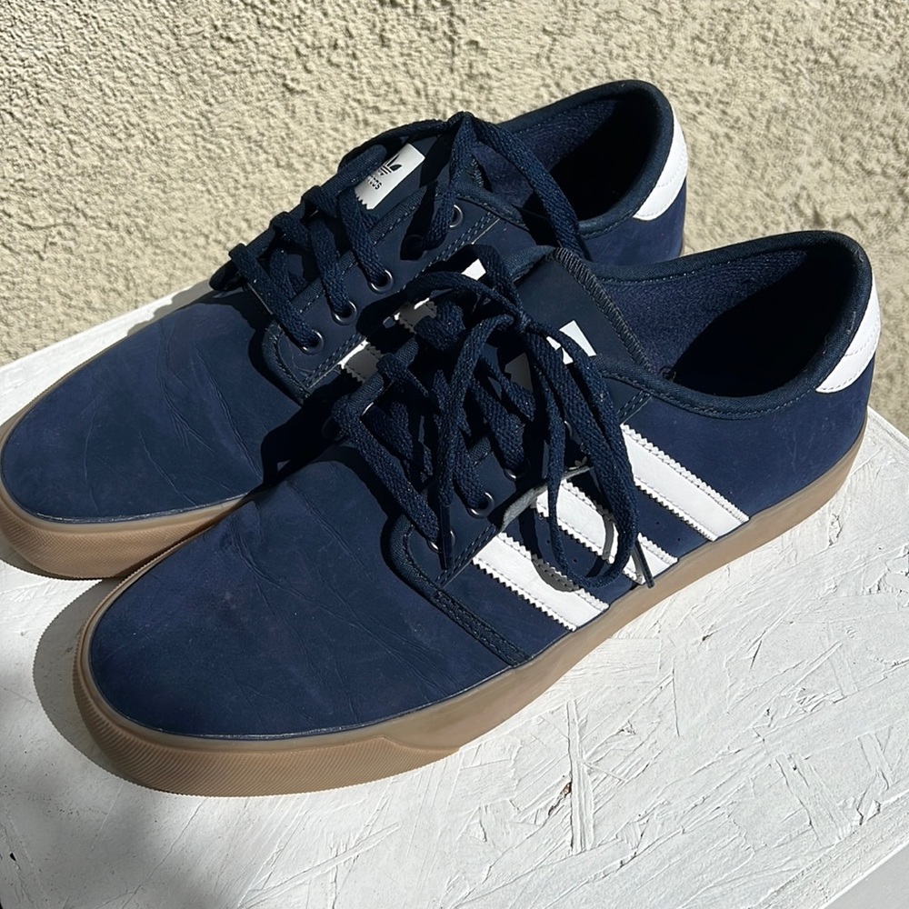 Blue white and tan sole adidas